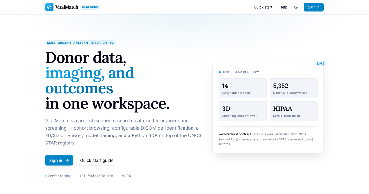 The VitalMatch.ai landing page, headed &ldquo;Donor data, imaging, and outcomes in one workspace&rdquo;, with a live panel showing UNOS STAR registry status